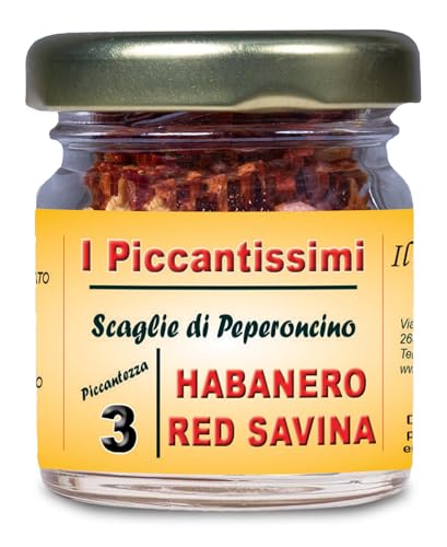 I Piccantissimi - Pimiento HABANERO ROJO muy picante en tarro (15gr) - Chile en hojuelas de larga vida útil - Pimiento habanero cultivado en Italia (500.000 SHU)