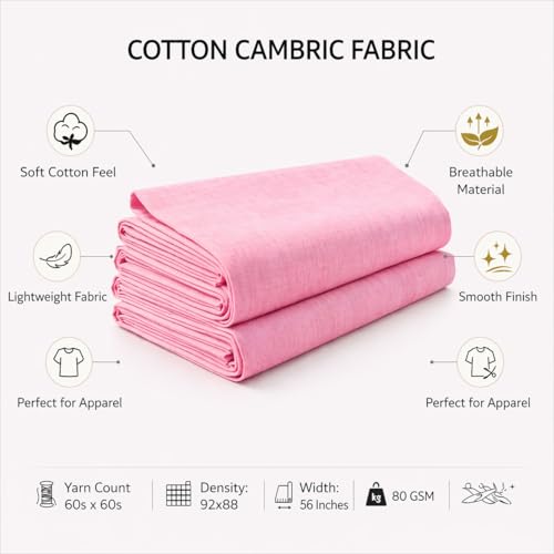 Image of Soimoi Pink Solid 60 * 60's Cotton Cambric Fabric by 3 Yards, 56 Inch Wide Light Weight Material Suitable for Kurtis, Blouses, Kids Clothing, Tunics, Dresses and Summer Apparel