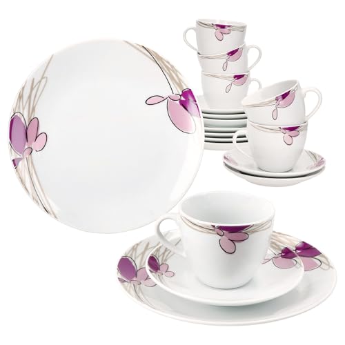 MamboCat Viola 18tlg Kaffeeservice I weißes Porzellan-Geschirr mit Blumen-Dekor für 6 Personen I Je 6x Tassen 170ml, Untertassen & Teller für Frühstück & Kaffee