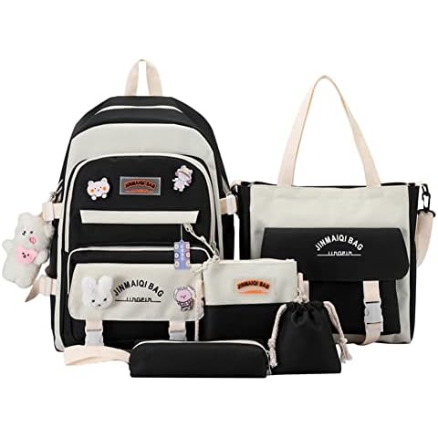 TIAASTAP 5Pcs Kawaii Backpack, Aesthetic School Bag Set with Bear Pendant & Pins, Canvas Cute Back to School Backpack for Kids Girls Childrens (A black) Cover