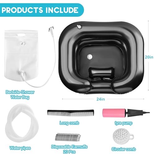 Inflatable Shampoo Basin, Loc Detox Tub for Dreads, Shampoo Buddy Bowl for Bedridden, Disabled,Injured with 2.5 GL Portable Water Shower Bag(Black)