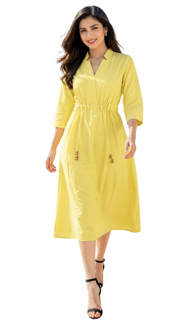 Women's Pure Cotton Solid Yellow A-Line Midi Dress-image-3