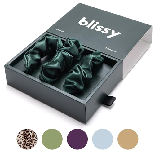 Image of Blissy Silk Scrunchies (3 Pack) - 100% Pure Mulberry Silk - 22 Momme 6A High-Grade Fibers Scrunchie for Straight & Curly Hair (Emerald, Skinny)