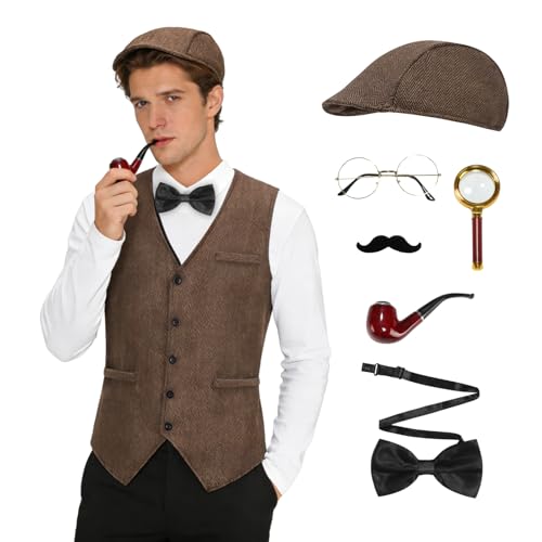 maxToonrain Costume Morse pour adulte Sherlock Holmes pour homme – Déguisement d'Halloween et de cospalie – 7 pièces (marron, taille 2XL)