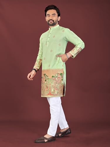 Image of Men's Cotton Silk Kurta with Jacquard Work Full Sleeves Floral Printed Side Slit and Mandarin Collar Neck | Kurta Pajama Set for Men Cotton Wedding | Short Kurta for Men
