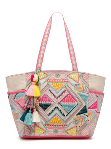 Image of Anekaant Kooky Boho Geometric Embellished Handloom Cotton Jacquard Tote Bag for Women | Handmade Designer Ethnic Bohemian Large Casual Carry Bag
