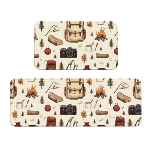 GVYGVY Antifatigue Kitchen Mats for Floor 2 Piece - Camping Tools Print Kitchen Rugs Washable, Non Slip Runner Rug Standing Mat for Office/Bathroom/Laundry/Home Decor and Accessories