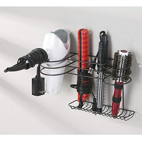 mDesign Bathroom Wall Mount Metal Hair Care & Styling Tool Organizer Storage Basket for Hair Dryer, Flat Iron, Curling Wand, Hair Straighteners, Brushes - Steel Wire - Bronze - Thumbnail 3