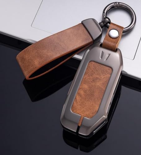 Image of Zinc Metal Alloy Leather Car Key Cover & Case Brown with Keychain & Holder Compatible for KIA Seltos, Sonet, Carens (4 Button Push Smart Key)