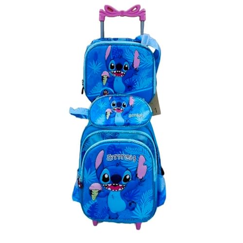 Kit Mochila Stitch 3D com Rodinhas Azul + Lancheira Térmica + Estojo Escolar