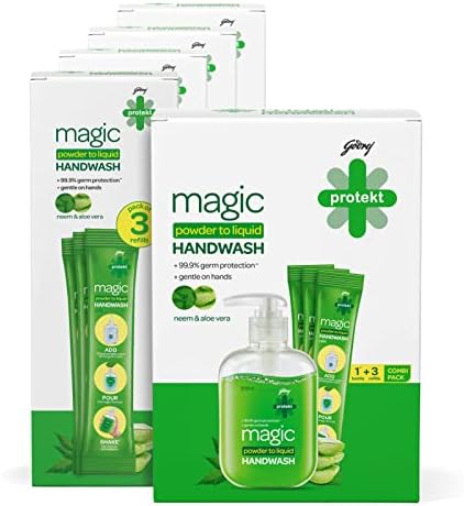 Godrej Protekt magic Powder-To-Liquid Handwash - Bottle + 15 Refills | 135g (Makes 3 Litres)