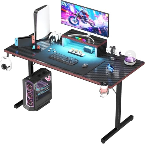 Devoko 140×60cm Gaming Desk With LED,Gaming Desk With Monitor Stand, Carbon Fibre Coating T-frame Design,Ergonomic Computer Desk With Cup Holder And Headphone Hook, Black