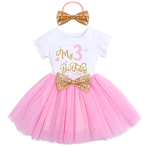 Bebé Niñas 1er/2do/3er Cumpleaños Traje Minnie Princesa Vestido de Manga Corta Mameluco/Camiseta+Tutú de Tul de Lunares+Diadema 3 Piezas de Fiesta de Cumpleaños Rosado-my 3rd birthday 3 Años