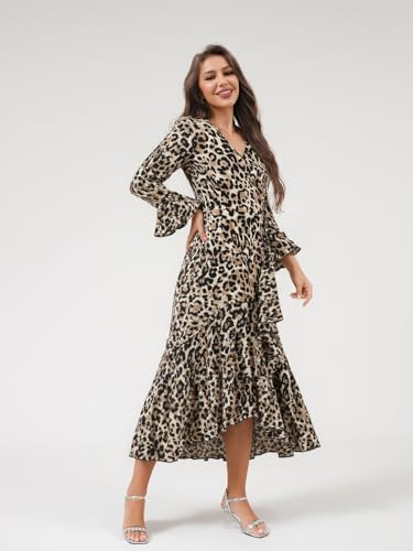 DERAX Women's Fall Leopard Print Midi Dress Long Sleeve V Neck Ruffle Asymmetrical Hem High Slit Cocktail Party Dresses3