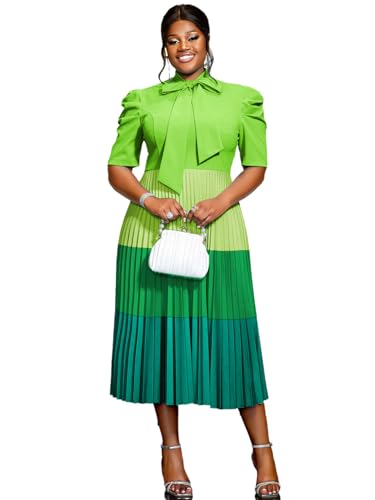 AOMEI Women's Green Colorblock Bowtie Neck Half Sleeve Pleated A-Line Midi Dress(L,Large)