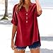 Plus Size Womens T-Shirts Casual V-Neck Button Up Short Sleeves Fashion Side Slit Solid Color Tops Loose Tee Shirts Red X-Large