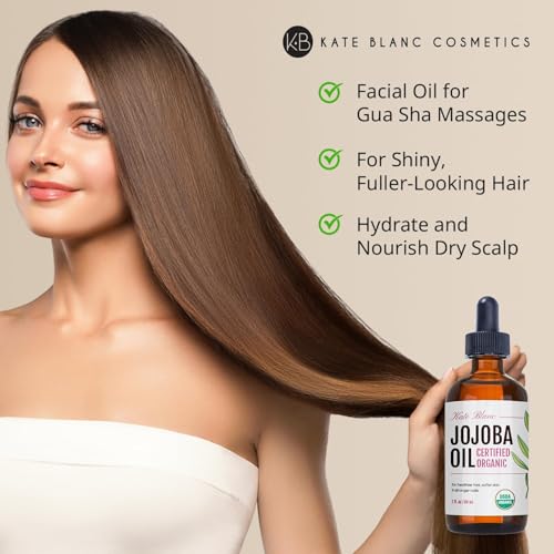 Kate Blanc Cosmetics Organic Jojoba Oil for Hair, Skin, Face, Nails (2oz) - USDA Certified, 100% Pure Cold Pressed Unrefined - Moisturizing Carrier Oil for Gua Sha, Dermaplaning, Body - Glass Bottle - Image 4