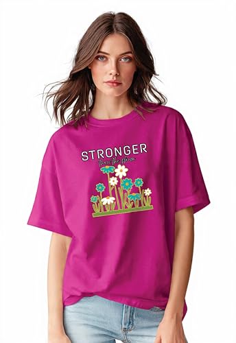 Image of Oversized T-Shirt for Women, 100% Cotton, Pink, Graphic Print 'Stronger Than the Wind', Ovesized Fit