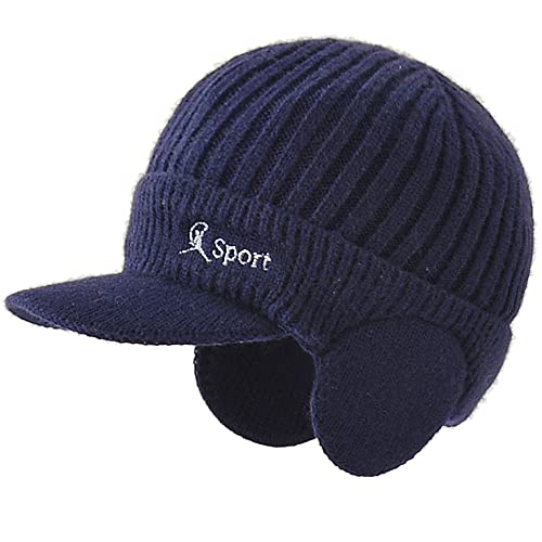 WANYIG Gorro de Punto con Visera Invierno Sombrero cálido para Hombres con Orejeras Beanie Cálido de Punto de esquí otoño/Invierno para Hombre(Marina) Cover