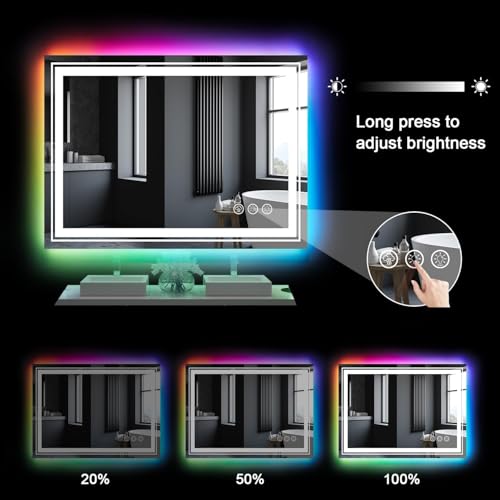 LED Mirror for Bathroom, 48"X40" with 8 RGB Backlit +3 Front Lit (Adjustable Individually), Anti-Fog, Large Lighted Bathroom Vanity Mirror for Wall,Shatterproof,Memory Function,Tempered Glass