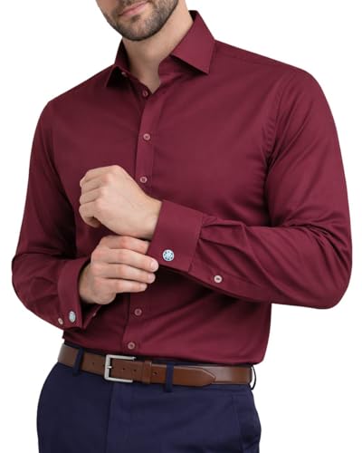 Image of Men's Plain Dress Shirts,Long Sleeve,Double French Cuff with Cufflinks Included,Regular Fit, 14 Colours, Business Wedding Work Shirt by Janeo British Apparel. Burgundy, 16.5 inches