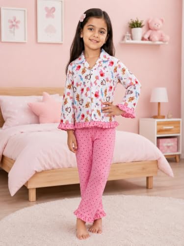 Image of superminis Baby Girls Hosiery Printed ' Animal Print Full Sleeves Night Suit with Frill On T Shirt and Pyjama
