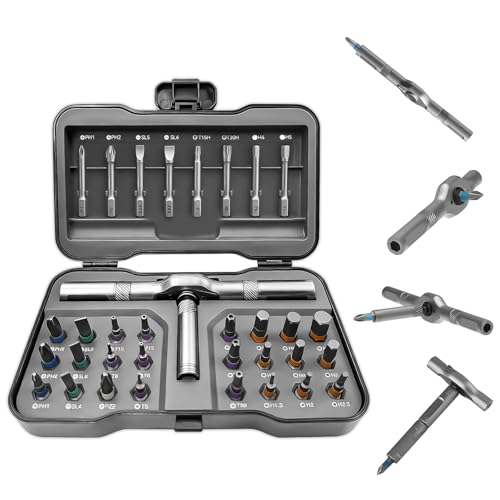 1/4' Jeu de Tournevis a Cliquet,Tournevis de Precision Magnétique 32 en 1 avec Embouts en Acier S2, Idéal pour le Montage de Meubles, l'entretien d'installation Electronique, Kit d'outils de Bricolage