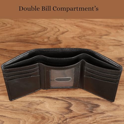 Image of Men's Trifold Leather Wallet with Deer Emboss & Red Accent Trim | Full-Grain Nappa Leather | RFID Blocking Slim Card Holder | Gift for Husband, Dad, Boyfriend