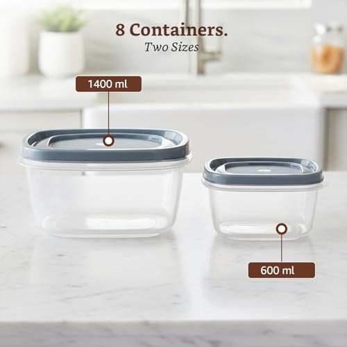 Image of Amazon Brand - Solimo Modular Plastic Storage Container Set | Airtight Lid | BPA-Free Plastic | Microwave, Freezer & Dishwasher Safe | Kitchen & Pantry Storage | 600ml & 1400ml | Set of 8