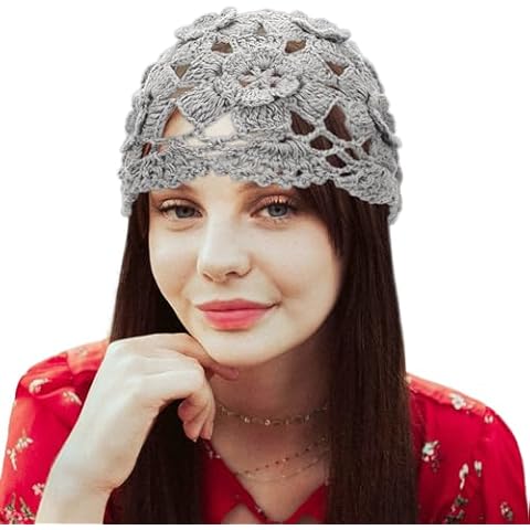 Gllutt Crochet Hat for Women Vintage Knit Cutout Floral Summer Beanie Hat (Cotton, Full-Flowers Grey) Cover