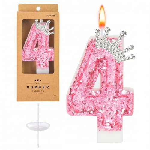 PHD CAKE Birthday Number Candles Pink Crown Birthday Candles for Cake Glitter Number 4 Candle Cake Topper with Sequins for Girls Women Anniversary Celebrations Supplies