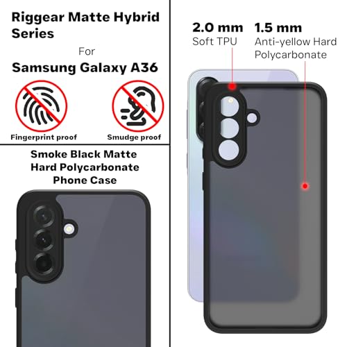 Image of RIGGEAR Shockproof Sleek Hybrid Armor Back Cover Case for Samsung Galaxy A36 5G (Smoke Black Matte PC + Black TPU Bumper)