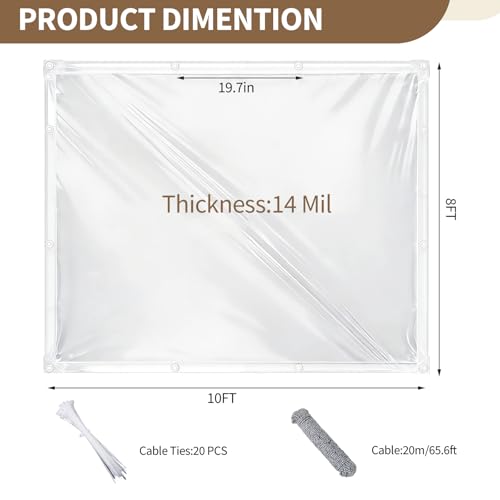 PeacefulHues 8x10ft Clear Tarps Heavy Duty PVC, 14 Mil Transparent Waterproof Vinyl Tarpaulin with Grommets & Ropes, Durable Windproof Dustproof Raincloth for Greenhouse, Patio, Garden, Pavilion by PeacefulHues - Used condition - Image 2