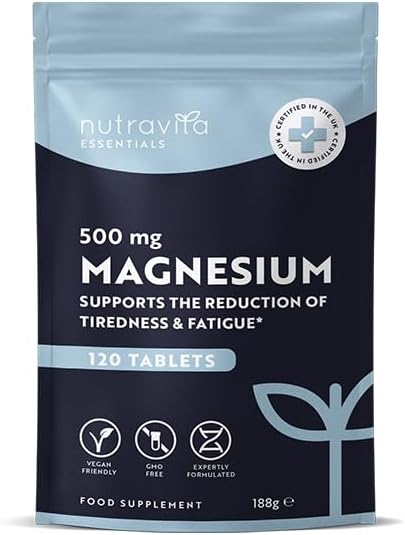 Magnesium Supplements 500mg – 120 Vegan High Strength Tablets – 4 Month Supply – Supports Muscle Function, Tiredness, Energy, Bones, Nervous System – Letterbox Friendly – UK Made – Nutravita