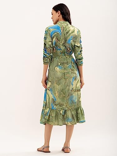 Image of AASK Abstract Printed Puff Sleeve Gathered Detailed Fit Flare Dress