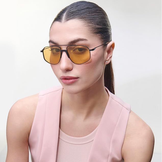 Image of Polarized and 100% UV Protected Collection | Black Yellow Full Rim Hexagonal Branded and Stylish Sunglasses | For Men & Women | LENSKART PATRIOT x ISRO | Large | LKS000457