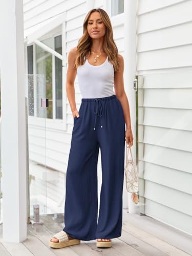 Image of LILLUSORY Women's Linen Summer Palazzo Pants Flowy Wide Leg Beach Pants with Pockets
