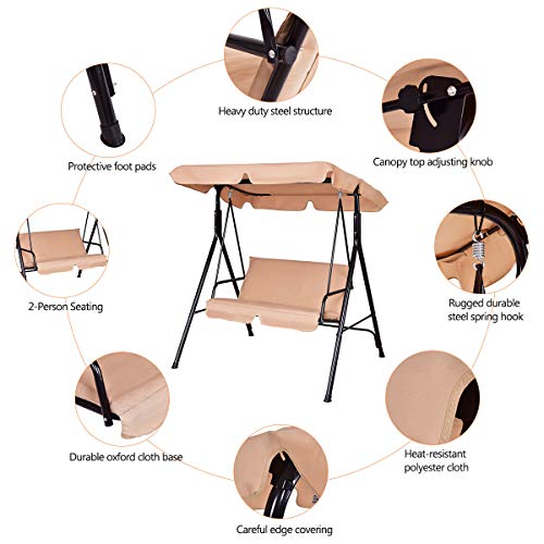 Image of Tangkula 2 Person Porch Swing, Outdoor Swing with Removable Cushions, Solid Steel Structure, Patio Swing with Adjustable Canopy for Porch, Backyard, Garden, Balcony Beige