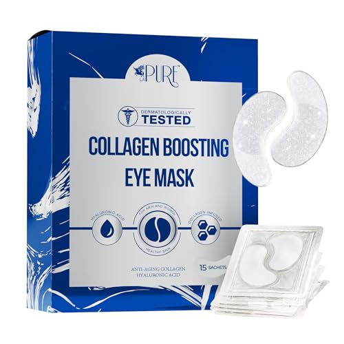 LA PURE Collagen Boosting Eye Mask Patches Under Eye Patches for Puffy Eyes Hyaluronic Acid Dark Circles Bags Lines Anti Wrinkles Anti Aging Hydrating Moisturizing Brightening Eye Gels 15ct