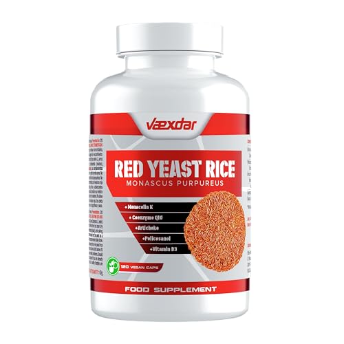 Red Yeast Rice - Levadura Roja de Arroz con Q10, Extracto de Alcachofa, Policosanol y Vitamina B3 - Apoyo Cardiovascular - Levadura de Arroz Rojo Monacolina K - 120 Cápsulas Vegetales - Vaexdar