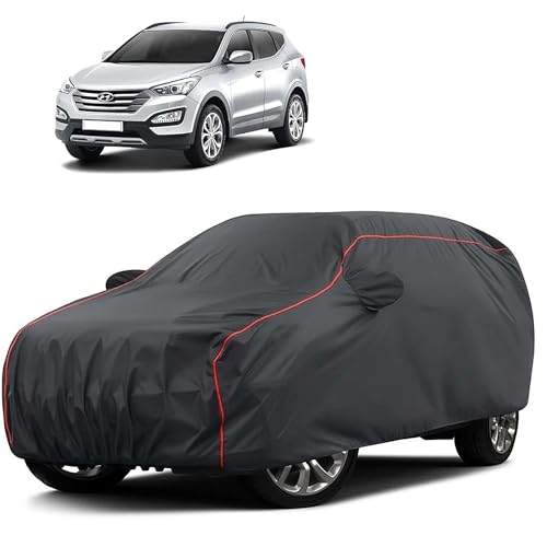 Image of Sulfar 100% Water Resistant Car Body Cover Compatible with Mirror for Hyundai Santafe (Triple Stitched, Full Bottom Elastic, Dark Grey Taffeta with Red Piping)
