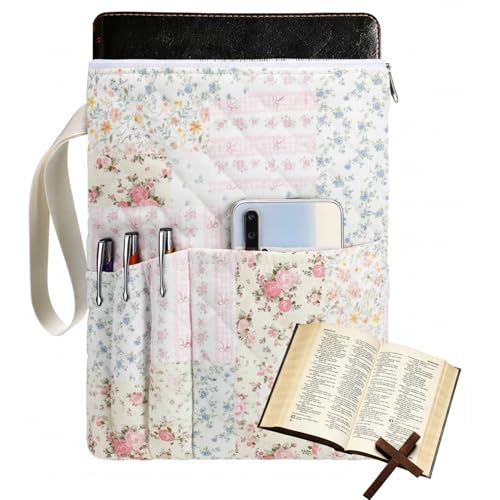 Gilprop Bible Book Sleeve with Zipper 11' x 9' Padded Protector Washable Quilted Book Covers Printed Bible Pouch with Handle Pockets Protector for Books Lover Christian Gifts(Spliced Flower)