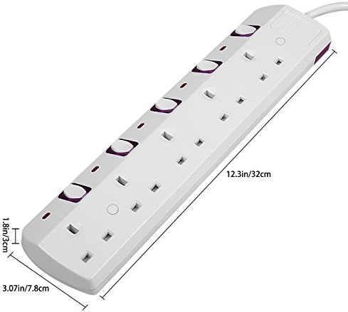 TISDLIP Power Strip 5 Way Extension Lead, Multi UK Plug Extension, 1.8M/5.9FT Electric Cord, Mountable Switched Extension Socket 13A 3250W,White