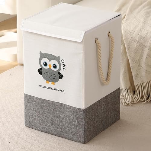 Image of HOKIPO Cardboard Foldable Laundry Basket for Clothes with Lid, Grey - Owl (AR-5317-GRY), 53cm, 35cm