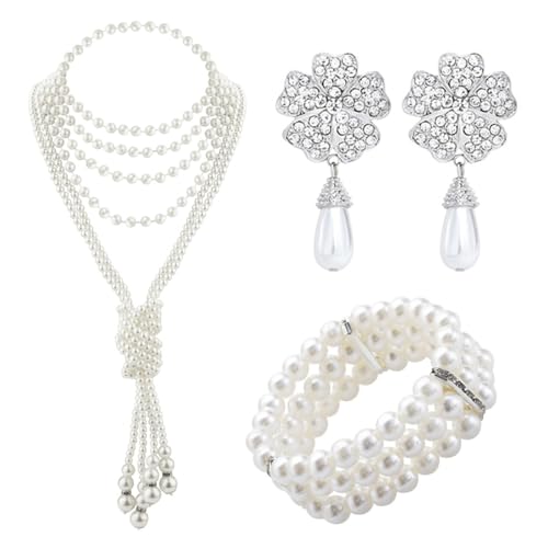 Ensemble di perle: 3 pezzi composti da orecchini floreali, un bracciale a tre fili di perle e una collana di perle. Una raffinata collezione di perle degna della vostra attenzione.