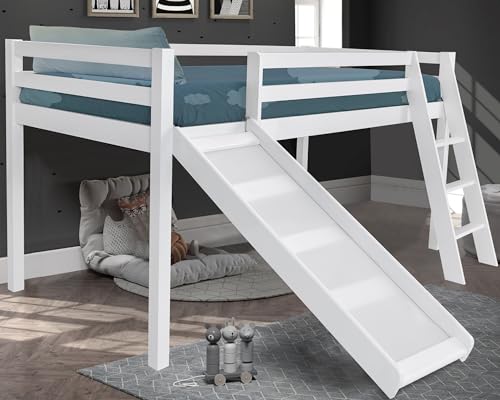 Blisswood 3ft Single Bunk Bed, Solid Pine Wood Kids Cabin Bed Mid Sleeper Single Bed Frame with Slide & Ladder Wooden Bunk Loft Beds, Kids Children, White