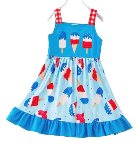 Girls Fourth of July Dress, Kids Summer Icecream Print, Ruffle, Plaid (Various Sizes)