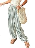 Acelitt Women Casual Striped Wide Leg Pants Drawstring Elastic Waist Fashion 2026 Summer Lounge Trousers Pants Green XL