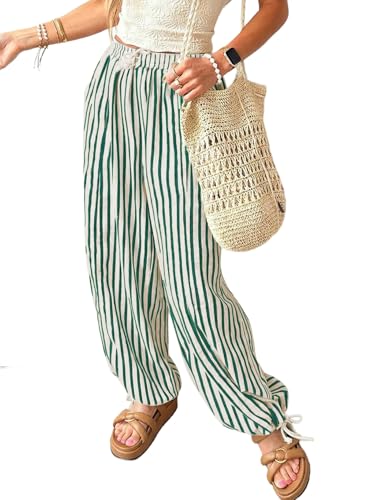 Acelitt Women Casual Striped Wide Leg Pants Drawstring Elastic Waist Fashion 2026 Summer Lounge Trousers Pants Green XL
