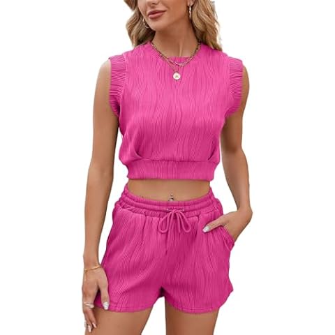 WOWULOVELY Women’s Summer 2 Piece Outfits Shorts Sets Sleeveless Crop Top and Shorts Vacation Beachwear Tracksuit (Rose,S) Cover